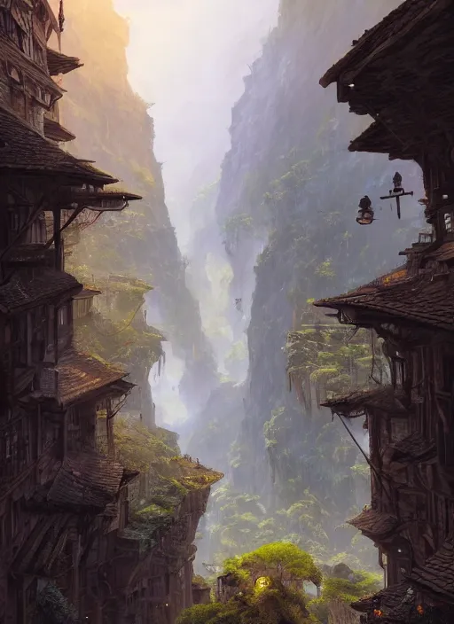 Prompt: medieval city built on terraces in a gigantic canyon, lots of buildings connected by suspension bridges, waterfalls, warm glow coming the ground, lush vegetation, pitchblack sky, extremly detailed digital painting, in the style andreas rocha and greg rutkowski and peter mohrbacher, rim light, beautiful lighting, 8 k, stunning scene, octane, trending on artstation