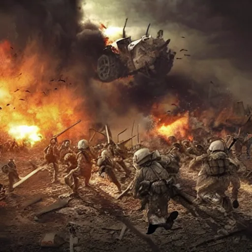 Image similar to hyper realism, realistic apocalyptic war scene, explosions, soldiers running