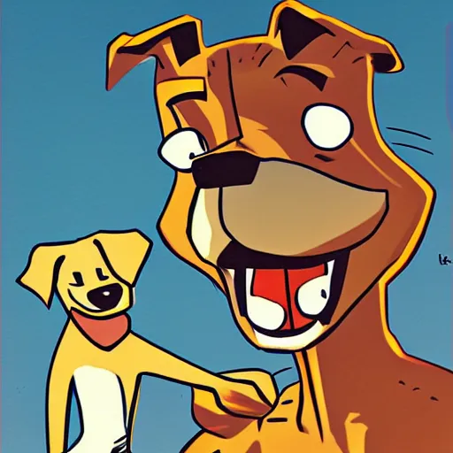 Prompt: a cartoon picture of a man and a dog, a comic book panel by hanna - barbera, cgsociety, furry art, sense of awe, reimagined by industrial light and magic, creepypasta