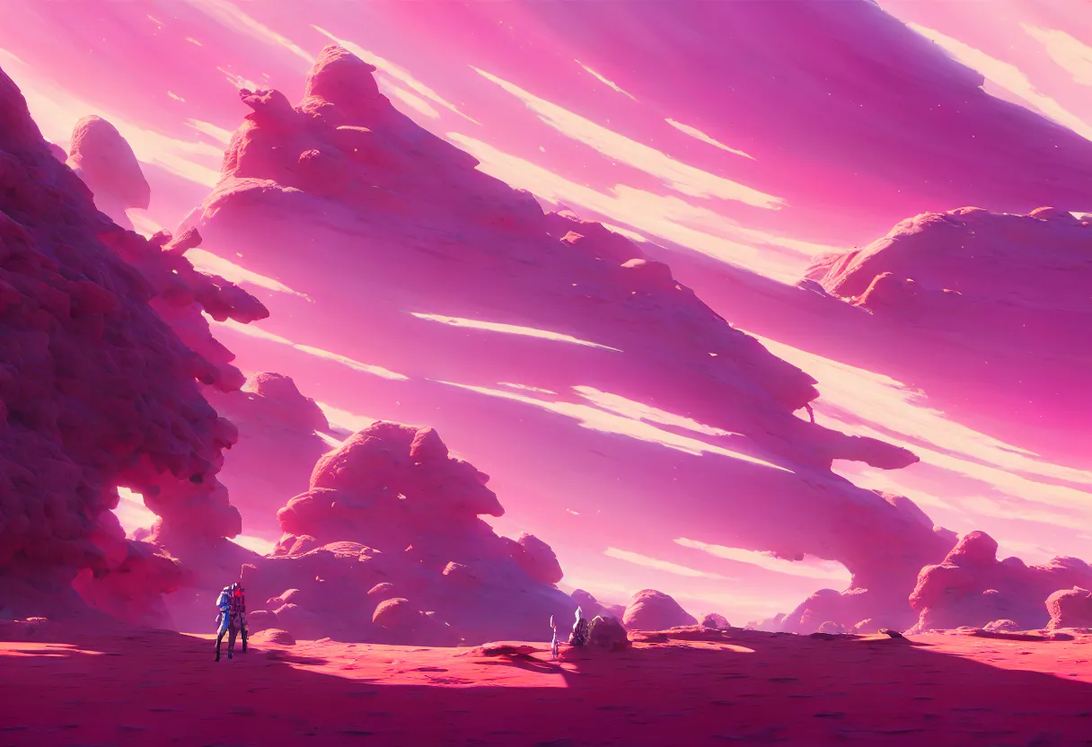 Image similar to arid planet, pink intricate oil painting, high detail illustration, sharp high detail, manga and anime 1 9 9 9, official fanart behance hd artstation by jesper ejsing and makoto shinkai, 4 k