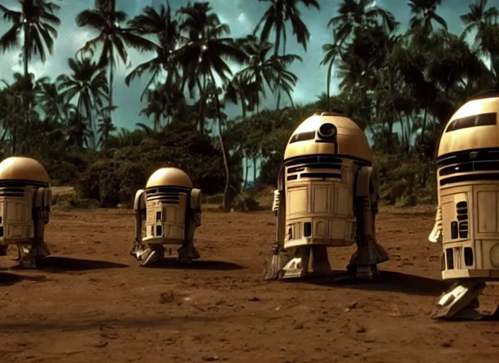 Prompt: screenshot of a wide shot of tropical planet Imperial Probe Droids from star wars, the 1970s film by Stanley Kubrick, attacking Han Solo, iconic scene, stunning cinematography, hyper-detailed, crisp, anamorphic lenses, kodak color film stock, 4k, stunning