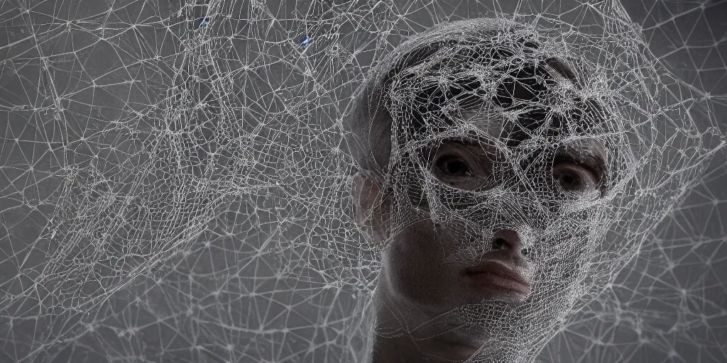 Image similar to an ornate real character made out of intricate webs and Endocrine system built out of dust and light, floating in the night, hyper-realism, very detailed feel, rendered in Octane, tiny points of light, caustic, 4k, beautiful lighting