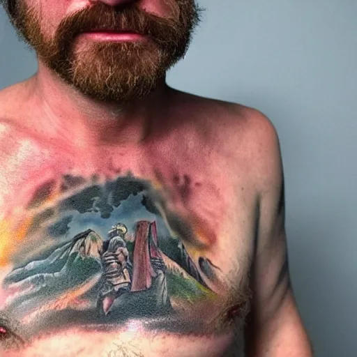 Image similar to an ultra realistic 8 k hdr photo of an award winning healed color tattoo of zardoz on a man ’ s super hairy chest