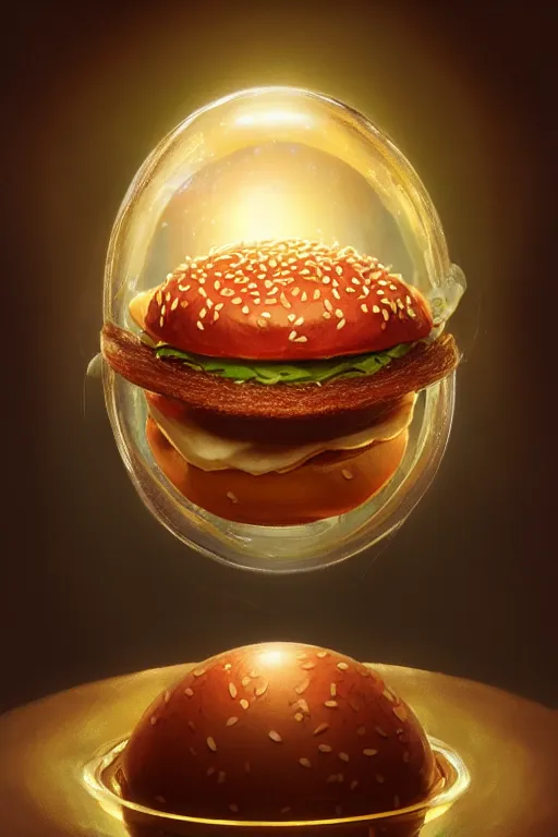 Image similar to a i hamburger in a faberge egg, anatomy, bathed in light, highly detailed, photorealistic, artstation, smooth, sharp focus, illustration, unreal engine 5, 8 k, art by artgerm and greg rutkowski and edgar maxence