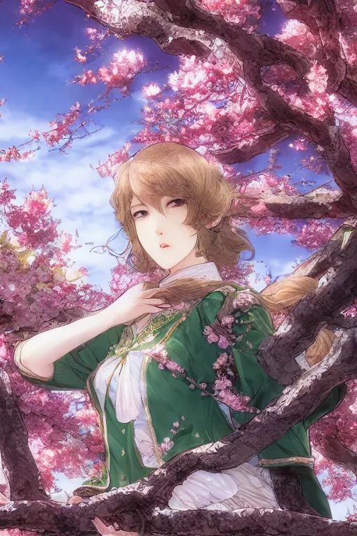 Prompt: the emerald herald under a cherry blossom tree, hidari, color page, tankoban, 4K, tone mapping, Akihiko Yoshida