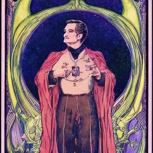 Image similar to ted cruz portrait by louis - theophile hingre, zodiac, tarot cards, planets, ethereal, art nouveau