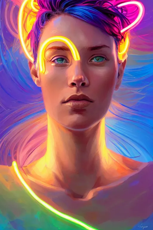 Image similar to a award winning half body portrait of a beautiful woman with stunning eyes in a croptop and cargo pants with rainbow colored hair, outlined by whirling illuminated neon lines and fine lines swirling in circles by jesper ejsing, rhads, makoto, shinkai, lois van baarle, digital art, trending on artstation