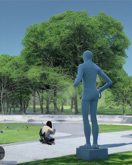 Prompt: ralph mcquarrie digital art of a holographic statue in an idyllic public park, scifi movie scene, elm tree, pond, sunny morning, unreal engine, hyper realism, realistic shading, cinematic composition, blender render, octane render, hdr, detailed textures, photorealistic, ultrawide shot, 3 5 mm film