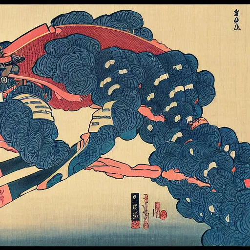 Prompt: flying mecha, 8k, ultra detailed, Ukiyo-e style by Katsushika Hokusai