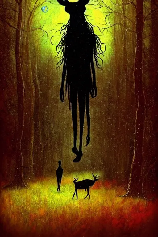 Image similar to stag, haunted woods, silhouettes, by andy kehoe