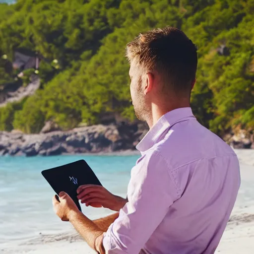 Image similar to photo of man working with notebook on the beach, relax