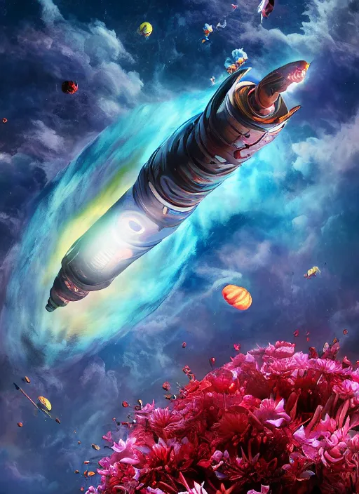 Image similar to An epic fantastic realism comic book style painting of the most beautiful flowers launched into space, bouquets hurdling toward a nebulous black hole, fisheye lens, unreal 5, DAZ, hyperrealistic, octane render, dynamic lighting