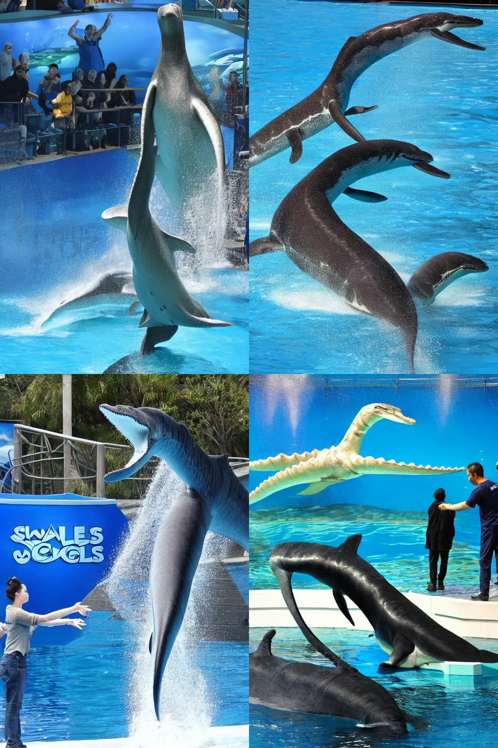 Prompt: a trained plesiosaur show at SeaWorld