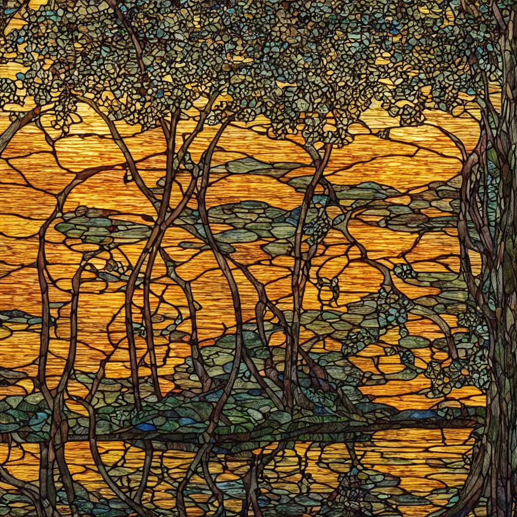 Prompt: a close - up photograph of an art nouveau stained glass window of a lake at sunset, with a spreading oak growing beside it, with tall karst mountains in the distance at sunset, intricate and highly detailed, well - lit, ornate, realistic, surrounded by a symmetrical pattern, by louis comfort tiffany