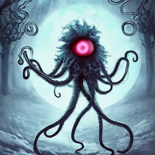 Image similar to a cute but unnerving fluffy humanoid ethereal ghost like live action muppet wraith like alien figure with a squid shaped parasite overtaking its head with four long tentacles for arms that flow gracefully at its sides while it floats around the frozen woods searching for lost souls and that hides amongst the shadows in the trees, this character can control the ice and snow and has mastery of the shadows, it is a real muppet by sesame street, photo realistic, real, realistic, felt, stopmotion, photography, sesame street