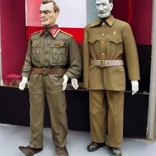 Image similar to mannequins of bryan cranston and stalin, bryan cranston is holding up a ziplock with meth, stalin is surprised