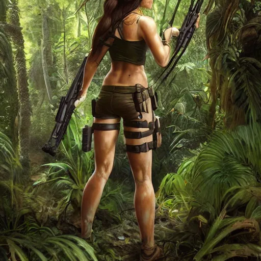 Image similar to lara croft in jungle, au naturel, hyper detailed, digital art, trending in artstation, cinematic lighting, studio quality, smooth render, unreal engine 5 rendered, octane rendered, art style by klimt and nixeu and ian sprigger and wlop and krenz cushart.