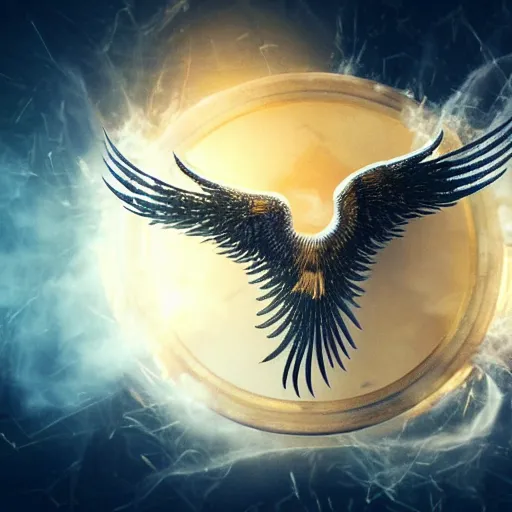 Prompt: a phoenix inside of a perfect circle made out of white and gold powder splash smoke, white marble background, high fantasy, 3d render, cgi rendering, very detailed, unreal engine, octane render, hyperrealistic