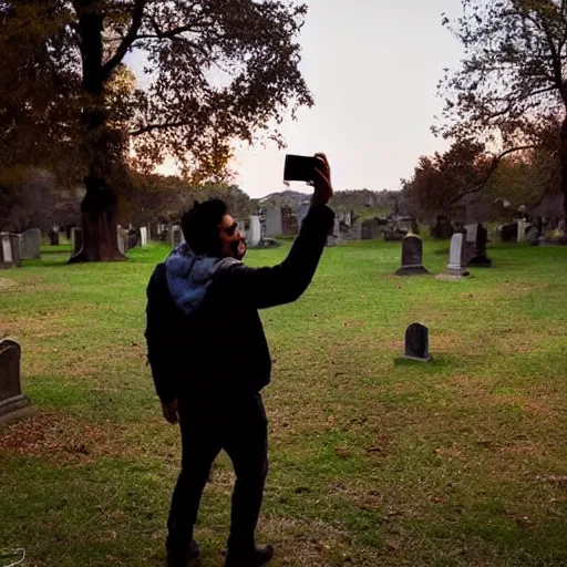 Prompt: A man takes a selfie in a dark and spooky graveyard, the only light coming from the full moon, as he smiles for the camera, in a Halloween style.