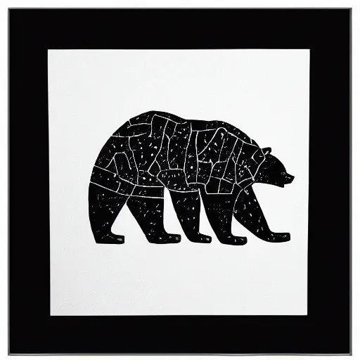 Prompt: happy bear, block print, simple stylized, black ink on white paper