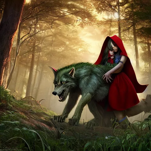 Image similar to portrait of a smirking heavily armed little red riding hood with a cute and beautiful face, getting attacked by a werewolf from behind in a lush green forest, sharp focus, unreal engine 5, digital illustration, volumetric light, highly detailed, intricate, by michael whelan, james gurney, 8 k