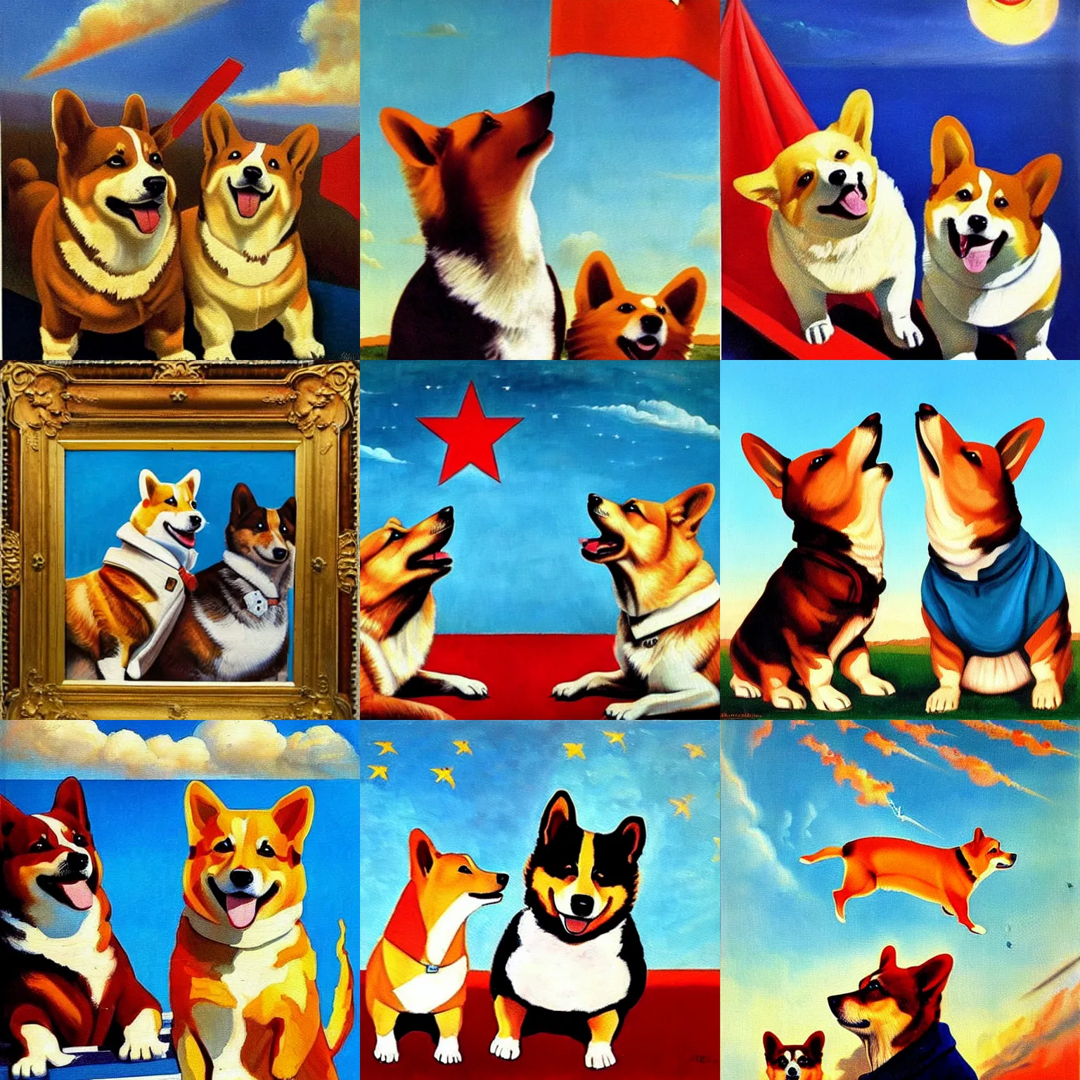 Prompt: An epic soviet propaganda painting of two corgies looking up in to the sky