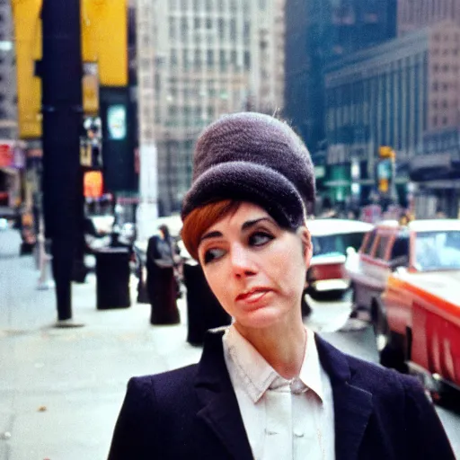 Image similar to portrait of a woman in a suit in the streets of new york, 1 9 6 0 s, colour film street photography, photo taken with ektachrome, featured on flickr, photographed on damaged film