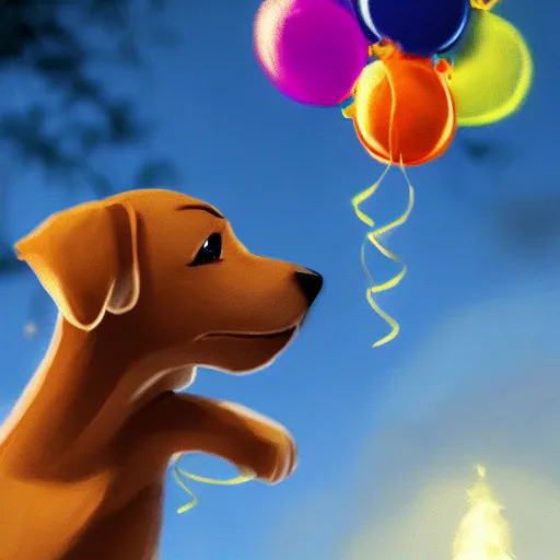 Prompt: puppy flying holding balloons, 8k, fantasy, intricate, cinematic lighting, highly detailed, digital painting, artstation, concept art, smooth, sharp focus, illustration, by Pixar