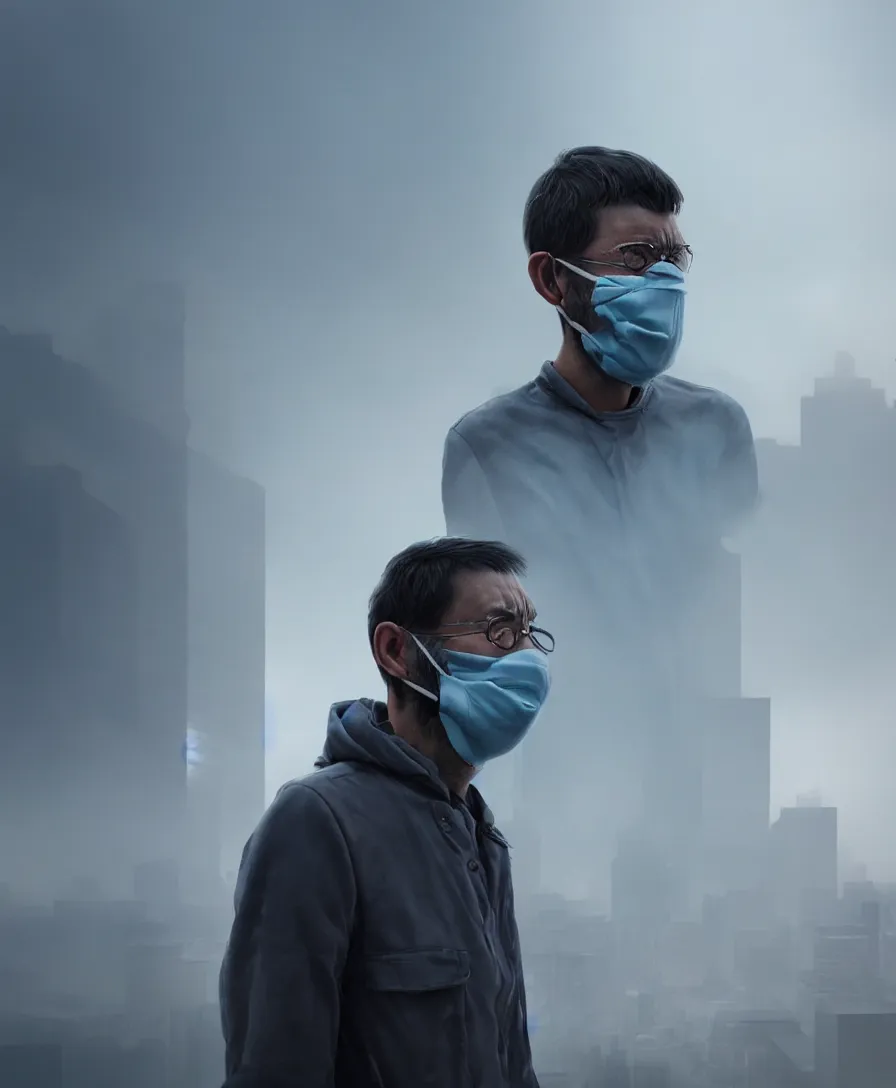 Prompt: detailed digital painting of man kind suffering due to high air pollution in future, people are wearing masks, wide angle shot, octane render, very hyper realistic, highly detailed