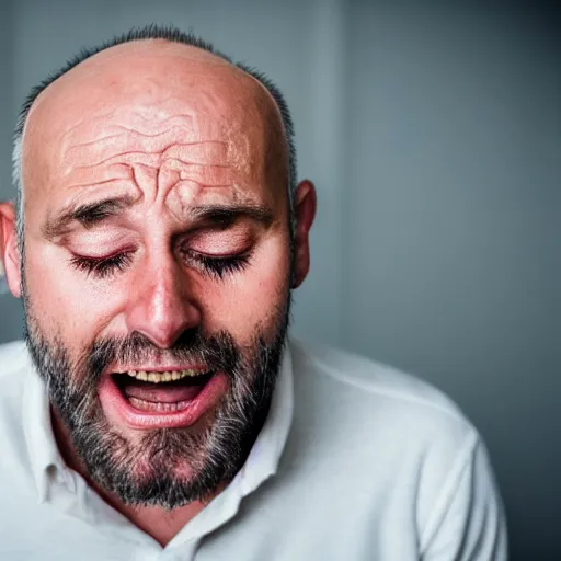 Image similar to a balding middle aged man crying