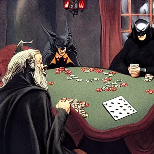 Image similar to Batman playing poker with Gandalf the Grey