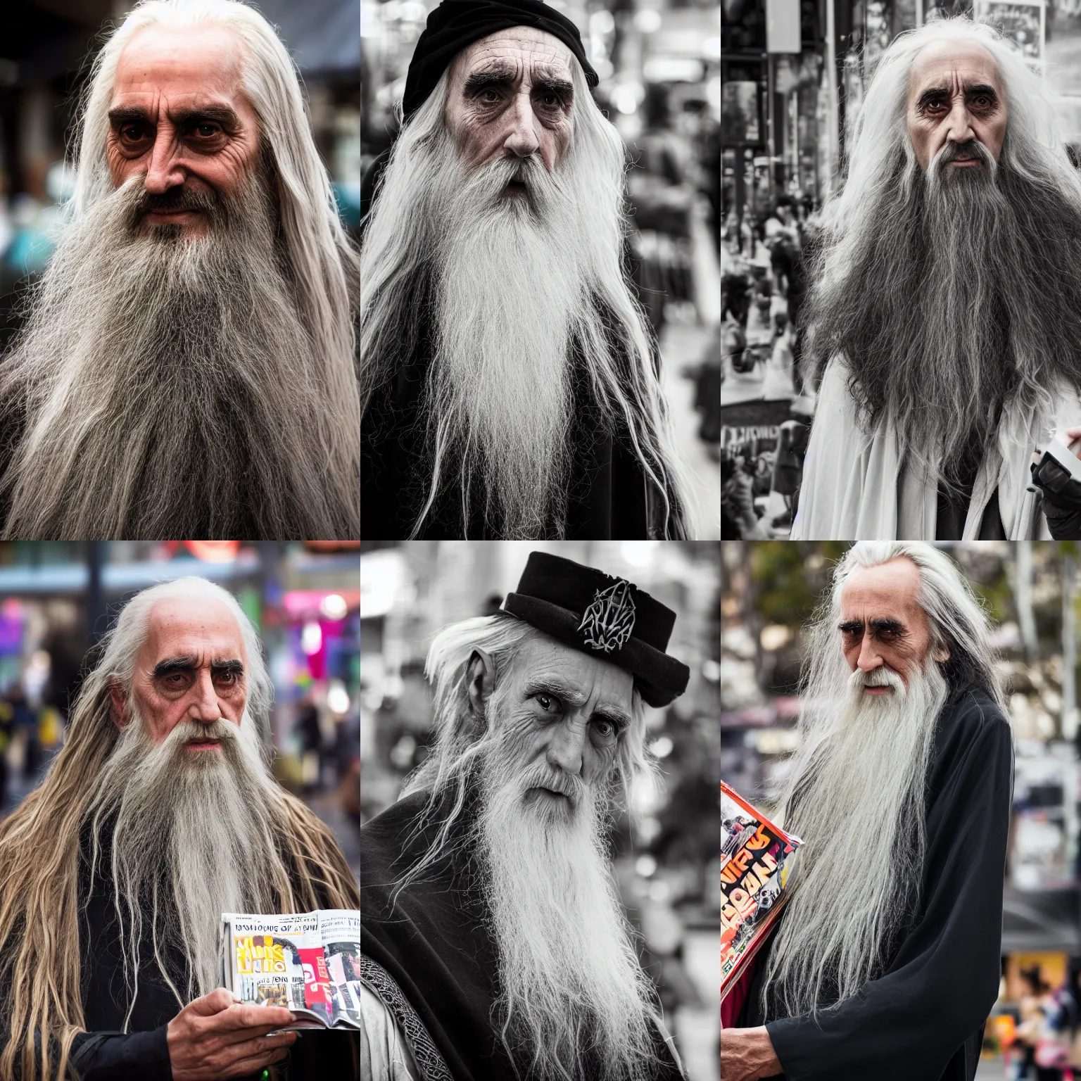 Prompt: Saruman from Lord of the Rings the homeless wizard selling magazines at Federation Square in Melbourne, portrait photography, depth of field, bokeh