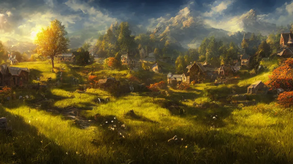 Prompt: a pure village surrounded by golden grasslands, fantasy artwork, very very very beautiful scenery, hd, hdr, ue5, ue6, unreal engine 5, cinematic 4k wallpaper, 8k, ultra detailed, high resolution, artstation, award winning