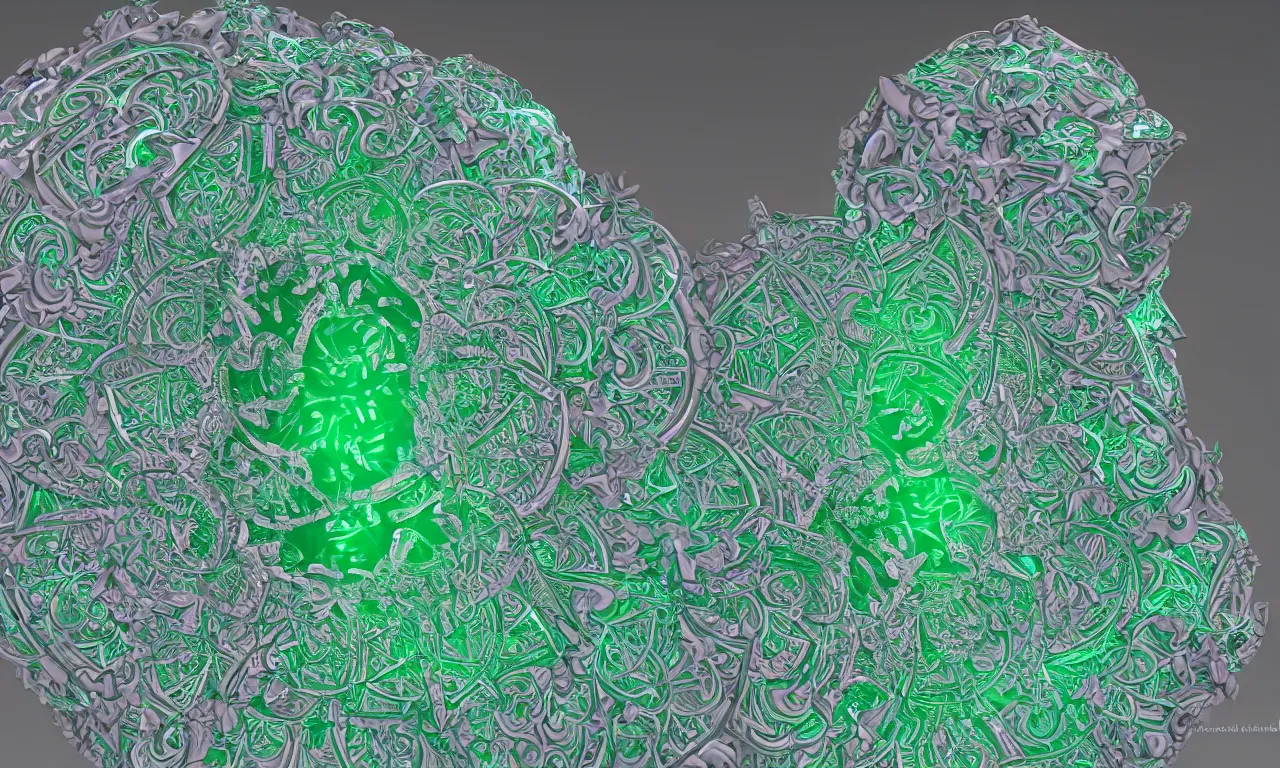 Image similar to mandrelbot 3 d volume fractal mandala ceramic chakra digital color stylized an ancient white bone and emerald gemstone relic, intricate engraving concept 3 d point lighting substance patern natural color scheme, global illumination ray tracing hdr fanart arstation by sung choi and eric pfeiffer and gabriel garza and casper konefal