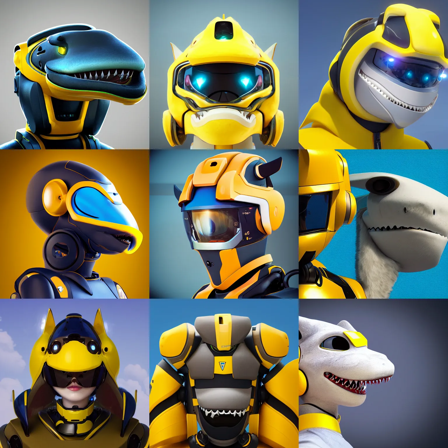 Prompt: very very beautiful furry art, bust profile picture of a robotic anthro shark, visor screen for face, snout under visor, wearing a yellow uniform, commission on furaffinity, cgsociety, octane render, vibrant colors