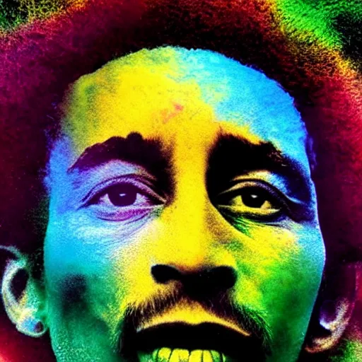 Image similar to colour masterpiece surreal closeup portrait photography of bob marley, highly detailed pop art, weird surreal epic psychedelic complex biomorphic 3 d fractal landscape, 8 k