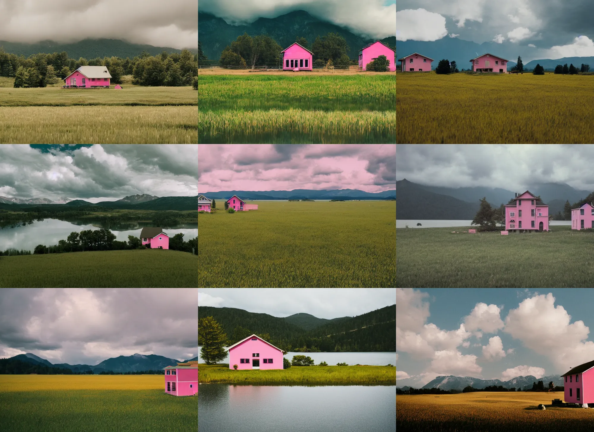 Prompt: still frame from a wes anderson movie of a meadow with a small pink farm house with a lake and mountains, massive clouds, 1 6 mm f 1. 4 lens, nikkor, canon, sigma, award - winning landscape photography