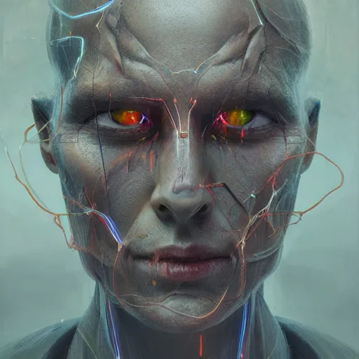 Image similar to centered front face portrait art illustration of an ultradetailed evil metaverse cyborg made of neuronal networks, by greg rutkowski and Zdzisław Beksiński, photorealistic, 8k, intricate, futuristic, dramatic light, trending on cg society