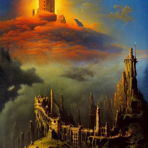 Image similar to by bruce pennington, by tony moore, by thechamba emotive renaissance painting. a beautiful land art of a castle in the clouds.