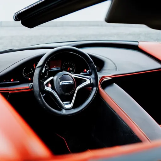 Prompt: photograph of a dashboard with very high rpm, sports car, reflections