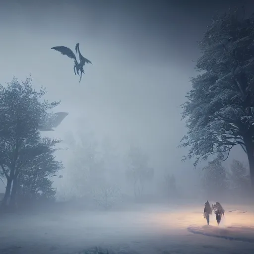 Image similar to the wild hunt, otherworldly spectres riding in the sky, wraiths of morhogg, bad omen, enchanted forest, blizzard storm, fog, full moon, snowy environment, in the style of the witcher series, hyperrealism, breathtaking, award winning, groundbreaking, octane render, unreal 5, intricate digital art, 8 k high resolution