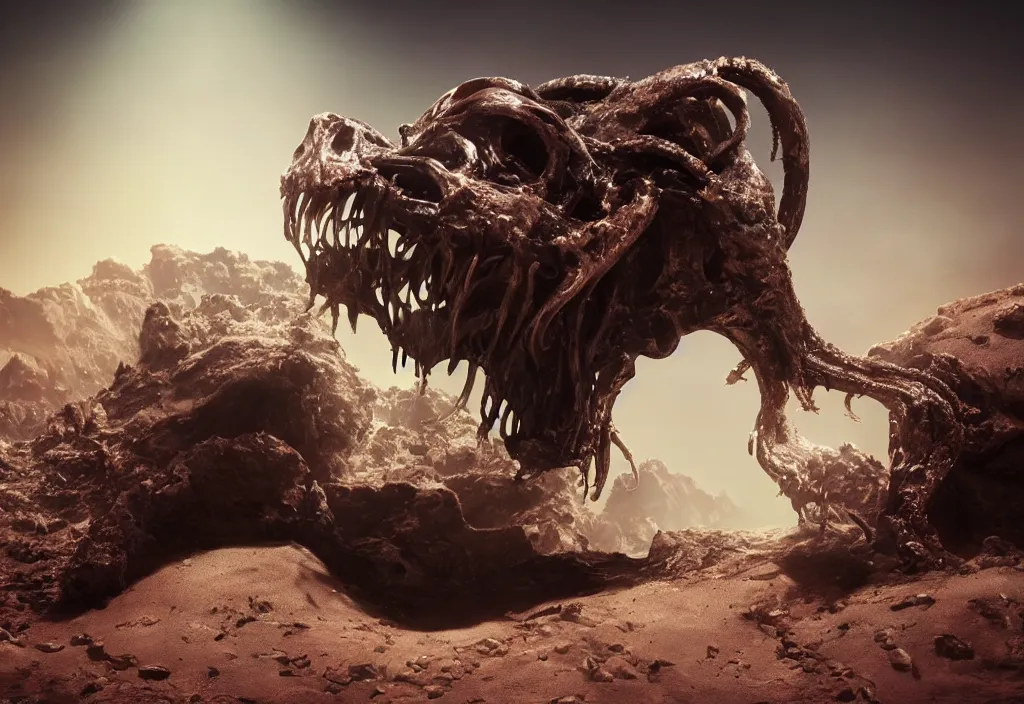 Image similar to eldritch animal alien skull in a dessert in mars, cinematic lighting, octane tender, volumetric light, dark - art