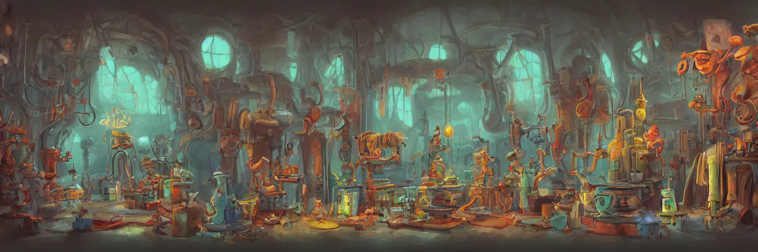 Image similar to 4K concept art of a wizards laboratory, digital art by Dr Seuss, masterpiece trending on artstation