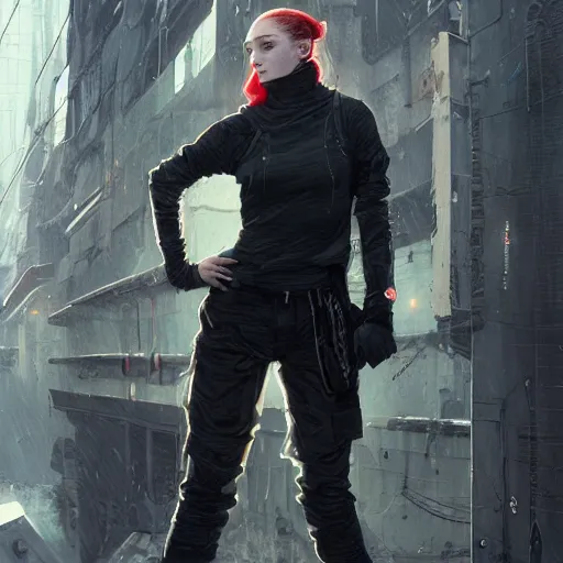 Prompt: sophie turner, streetwear, techwear, cyberpunk style outfit, nose piercing, detailed portrait, intricate complexity, by greg rutkowski, cushart krentz, artgerm, ross tran, conrad roset, takato yomamoto, ilya kuvshinov. 4 k, beautiful, cinematic dramatic atmosphere, portrait lighting