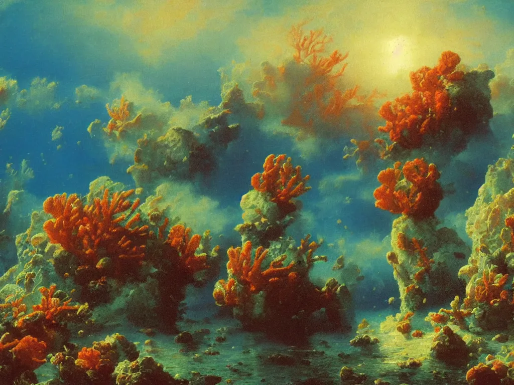 Image similar to Beautiful 1976 psychedelic textbook illustration of underwater coral reef seascape by Ivan Aivazovsky and Jan Davidsz de Heem , highly detailed, 8k