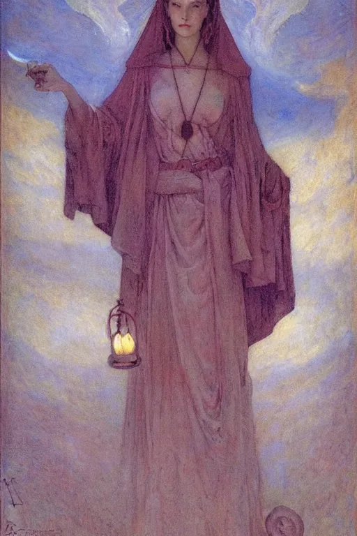 Image similar to queen of the fog with her lantern by Annie Swynnerton and Nicholas Roerich and jean delville, strong dramatic cinematic lighting , ornate headdress , flowing robes, lost civilizations, smooth, sharp focus, extremely detailed