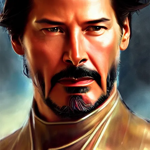 Image similar to handsome Keanu Reeves in Iron Man suit, western, closeup, D&D, fantasy, intricate, elegant, highly detailed, digital painting, artstation, concept art, matte, sharp focus, illustration, art by Artgerm and Greg Rutkowski and Alphonse Mucha