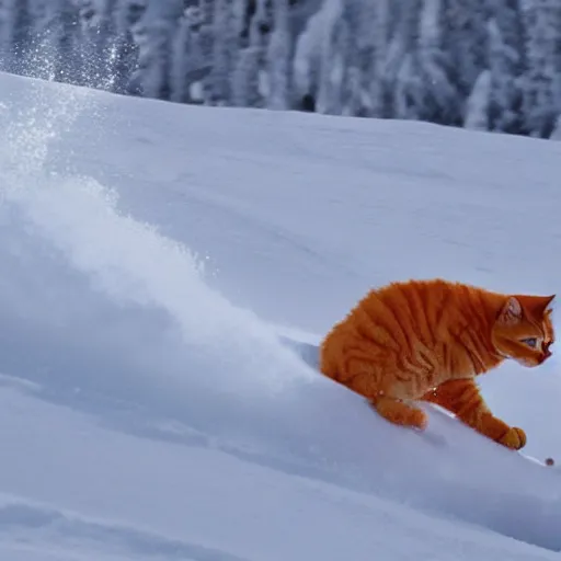Prompt: a fully orange tabby cat skiing