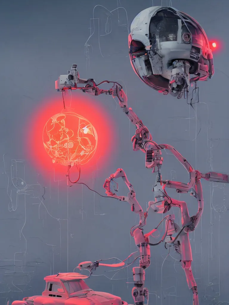 Prompt: graphic art of dystopian futuristic mechanic surgeons astronauts, operate on a cracked skull mickeymouse!!!! head!! float brain!!!, held by a crane. ominous glowing red netflix!!! logo in the background, trending on art station, beeple!!!!, clean concept art, smooth, octane render, minimal