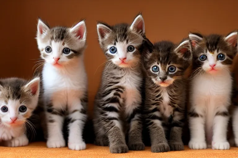 Image similar to exactly five kittens in a room and the kittens are looking directly into the focal point of the camera